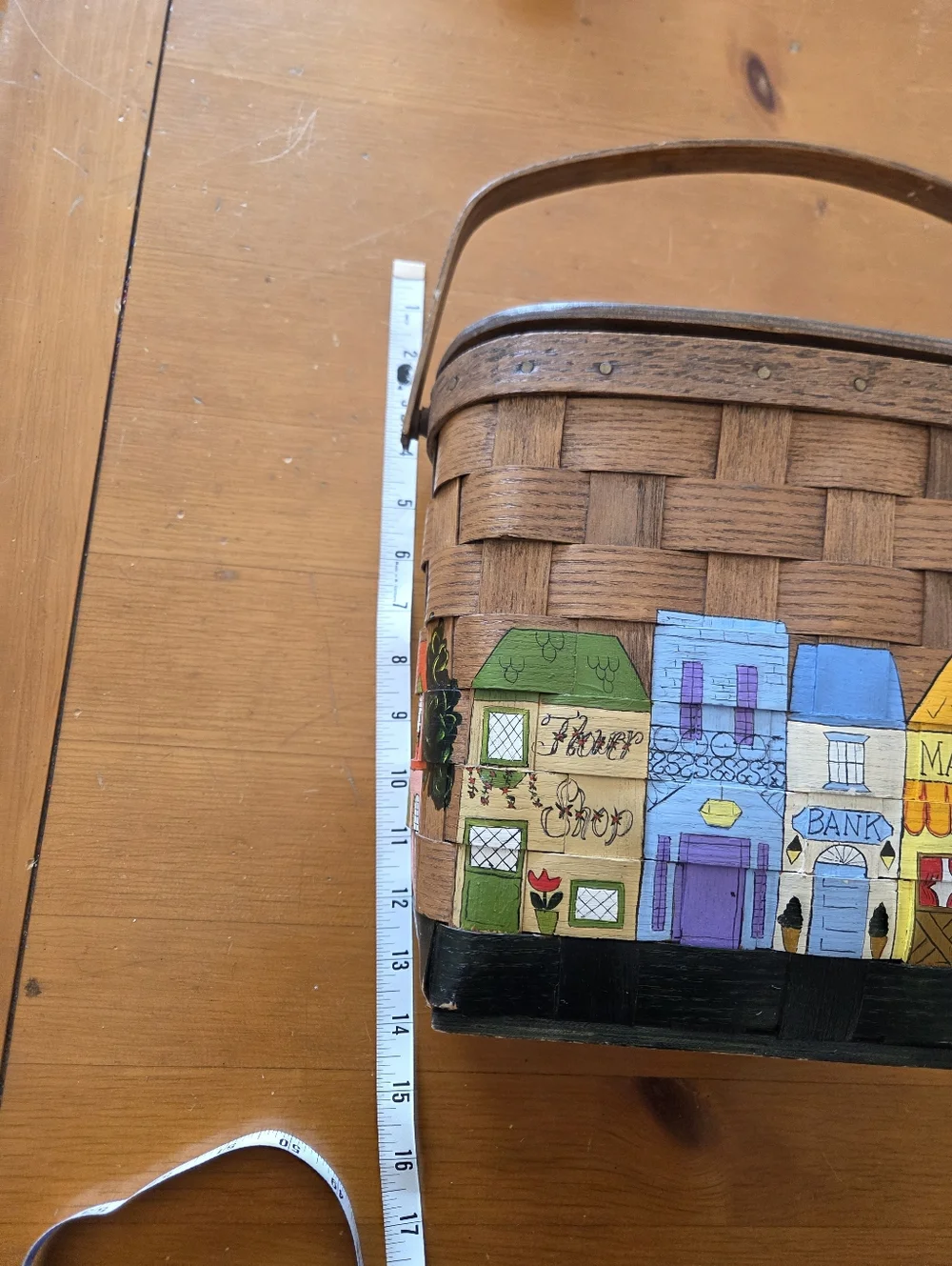70's Hand-painted Woven Wood Basket Purse Lined In Calico And Has Brass Hinges